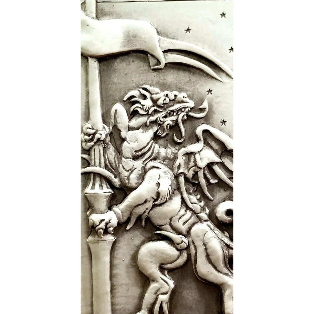 1980s Vintage Dragon Holding Flag Chalkware Plaque Joan Diamond 9
